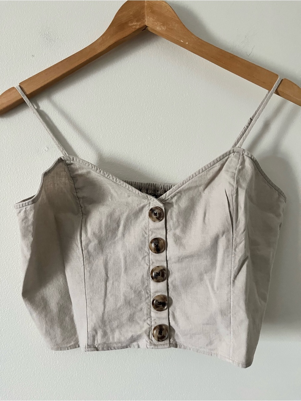 Express Tan Linen Blend Spaghetti Strap Smocked Crop Top L Festival Minimalist